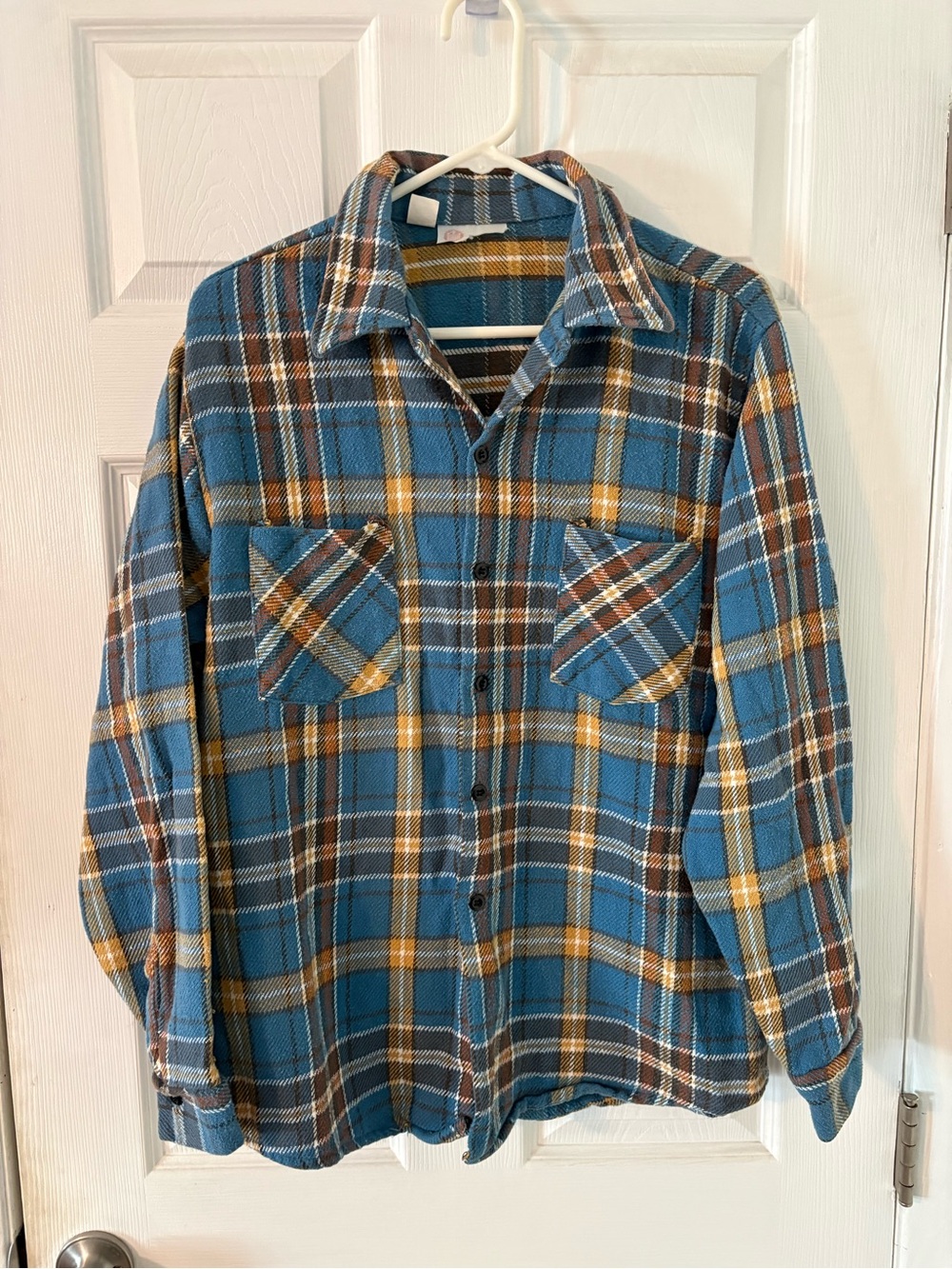 70s Plaid Flannel Shirt Blue Brown Mustard Cotton Men’s Large